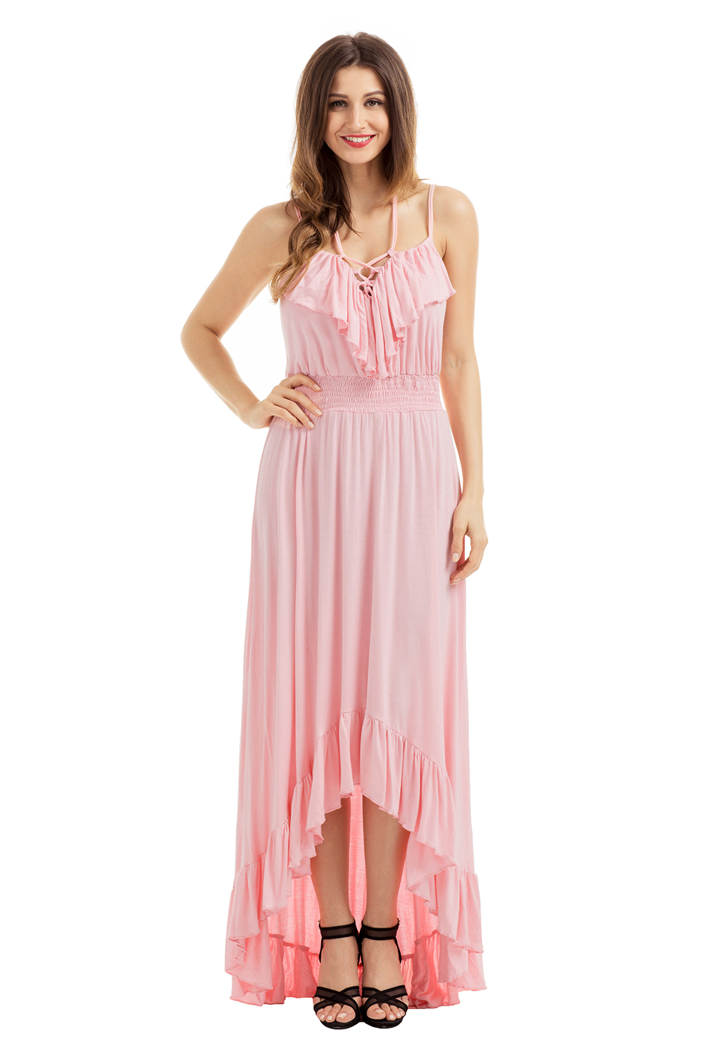 BY61510-10 Lace Up V Neck Ruffle Trim Hi-low Maxi Dress